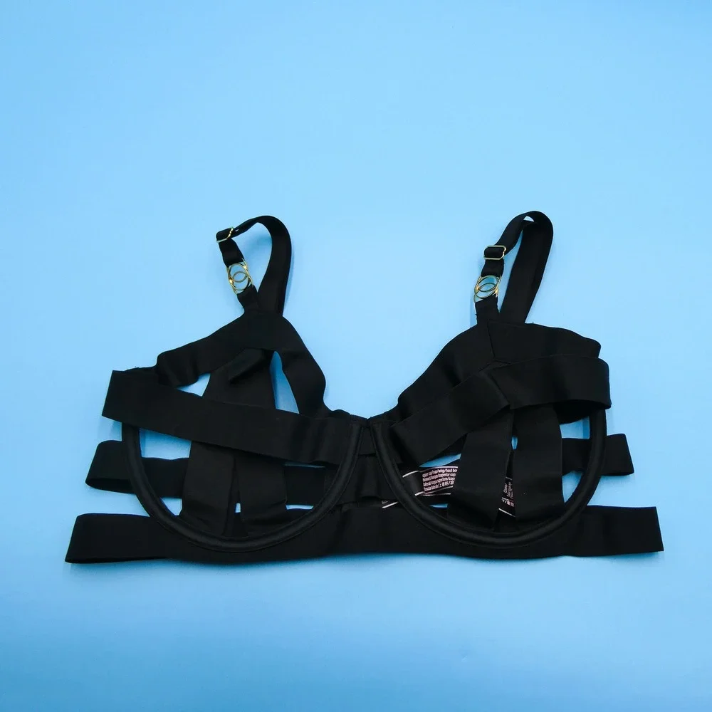 Victoria's Secret Balconette Bra Womens 34D Strappy Cage Black‎ Unlined Nylon